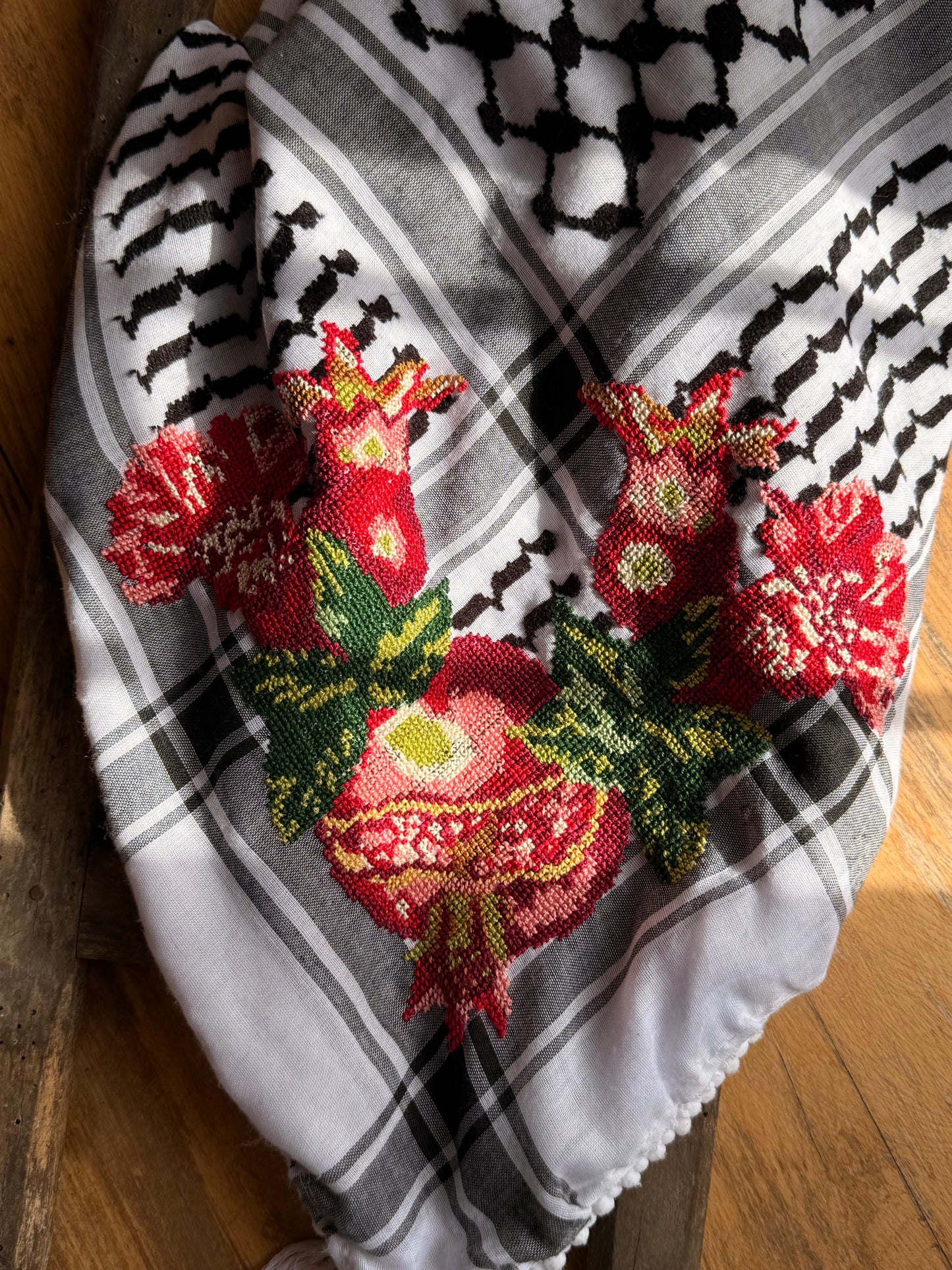 Black & White Kufiya Tatreez with Pomegranate motif