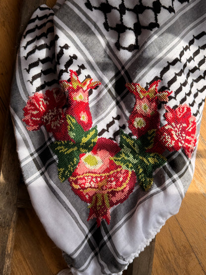 Black & White Kufiya Tatreez with Pomegranate motif