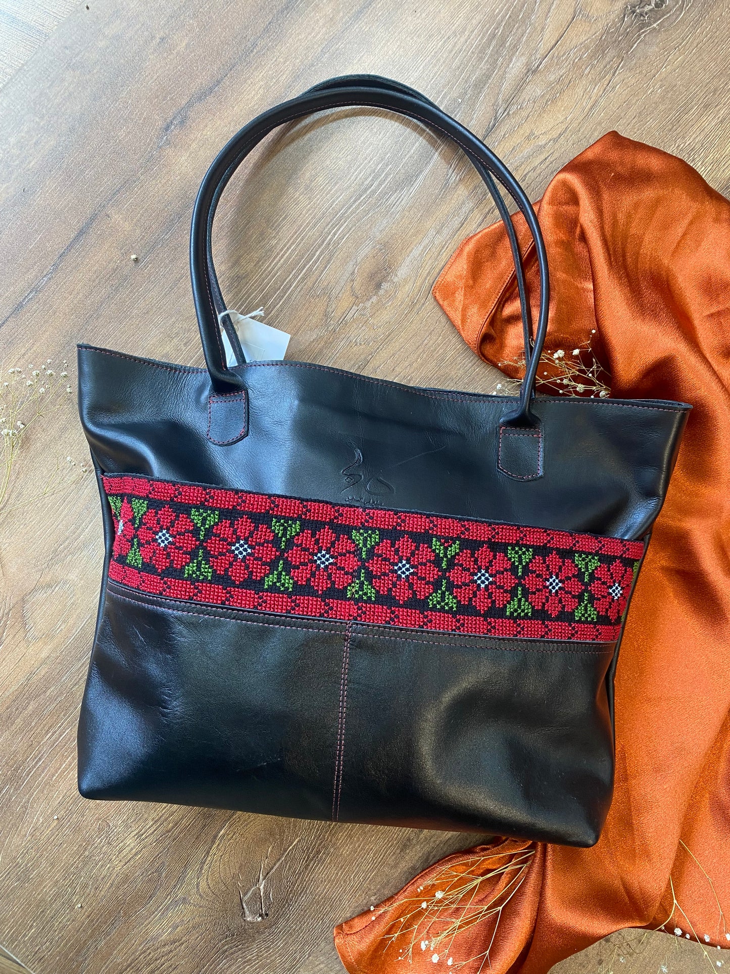 Black Leather Travel Bag with Bold Tatreez Pattern