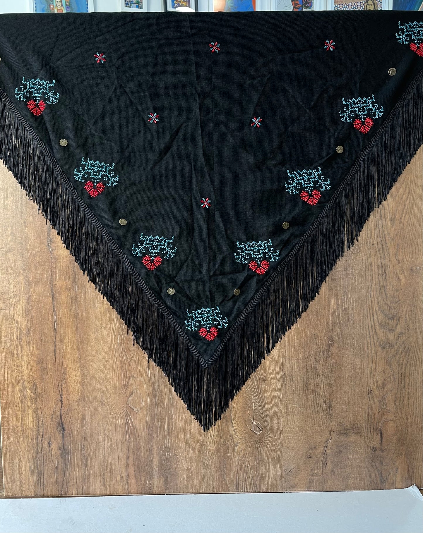 Black Triangle Shawl with Red & Green Tatreez