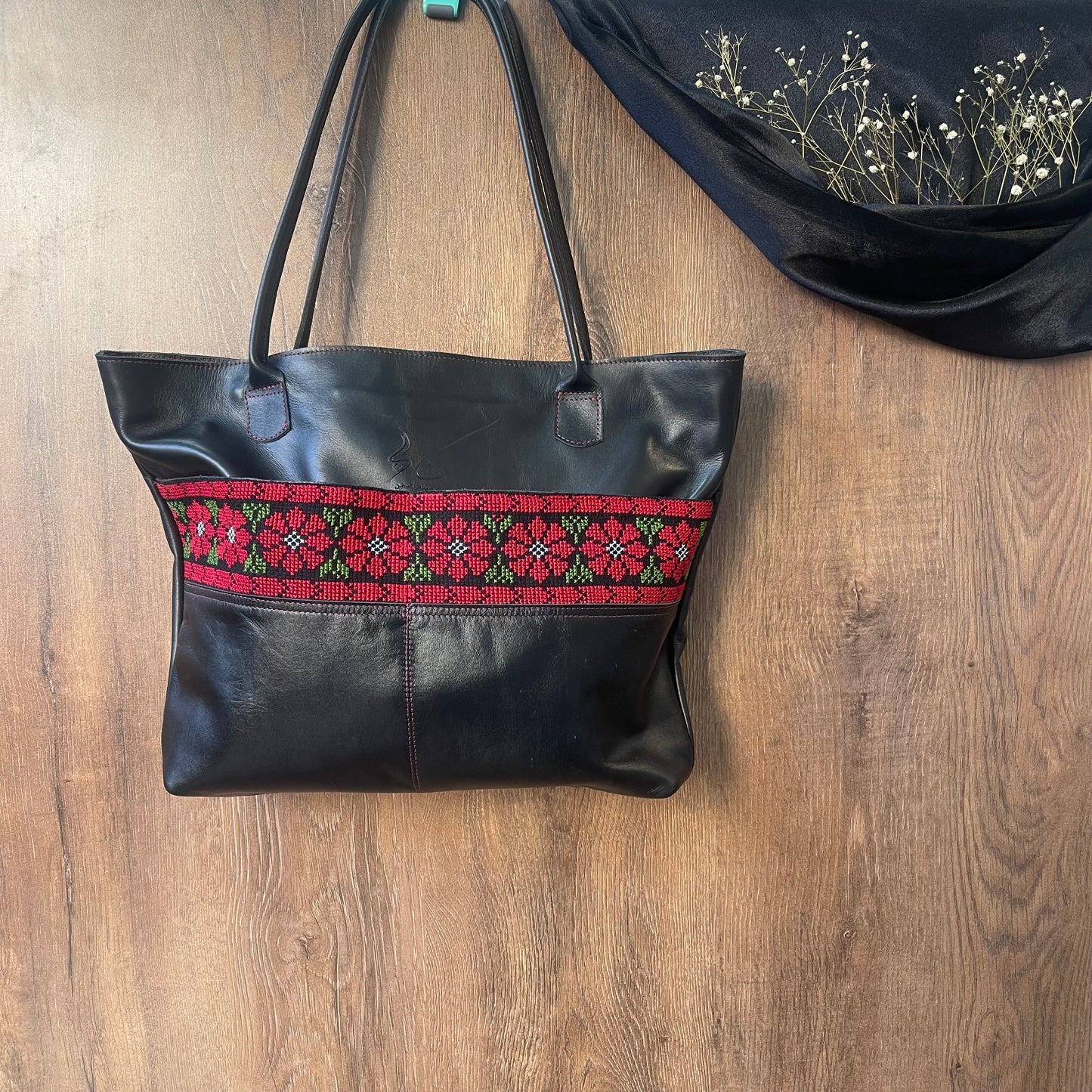 Black Leather Travel Bag with Bold Tatreez Pattern