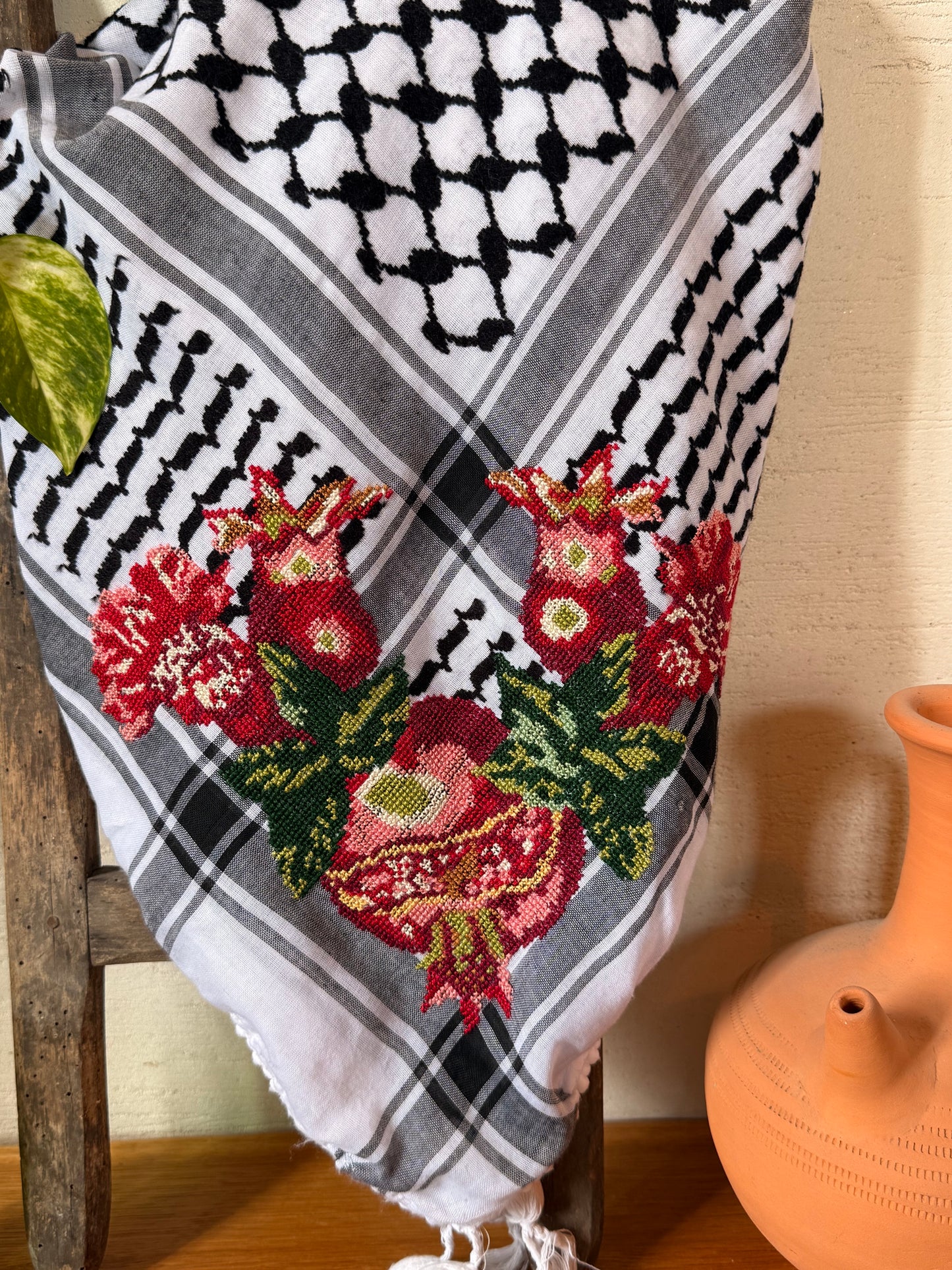 Black & White Kufiya Tatreez with Pomegranate motif