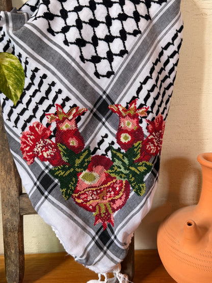 Black & White Kufiya Tatreez with Pomegranate motif