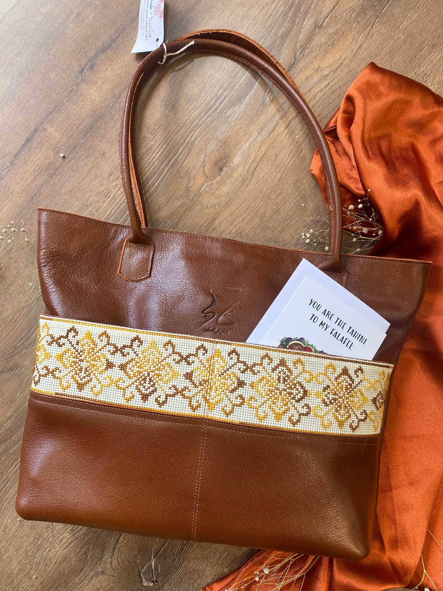 Tan Leather Travel Bag with Bold Tatreez Pattern