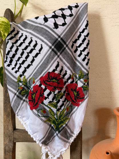 Black & White Kufiya Tatreez with Anemone Flower (شقائق النعمان)
