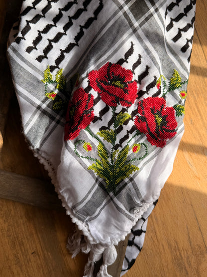 Black & White Kufiya Tatreez with Anemone Flower (شقائق النعمان)