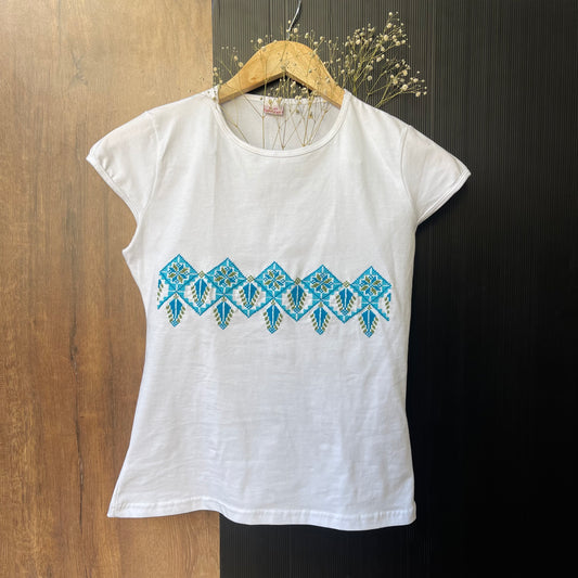 Geometric Blue Tatreez on White T-Shirt