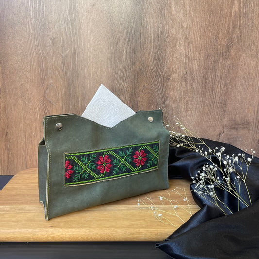 Leather Tatreez Napkin Holder in Green