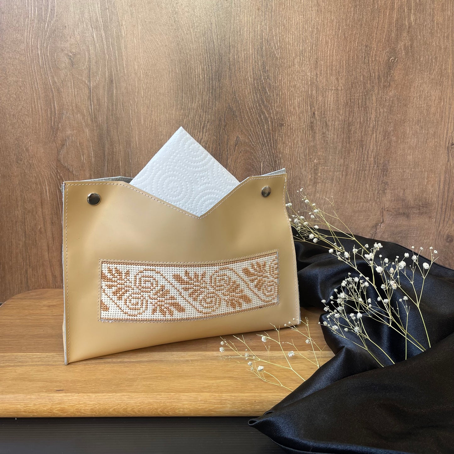 Leather Tatreez Napkin Holder in Beige