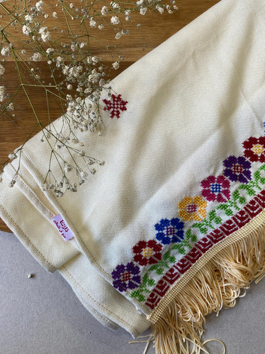 Cream Floral Tatreez Shawl