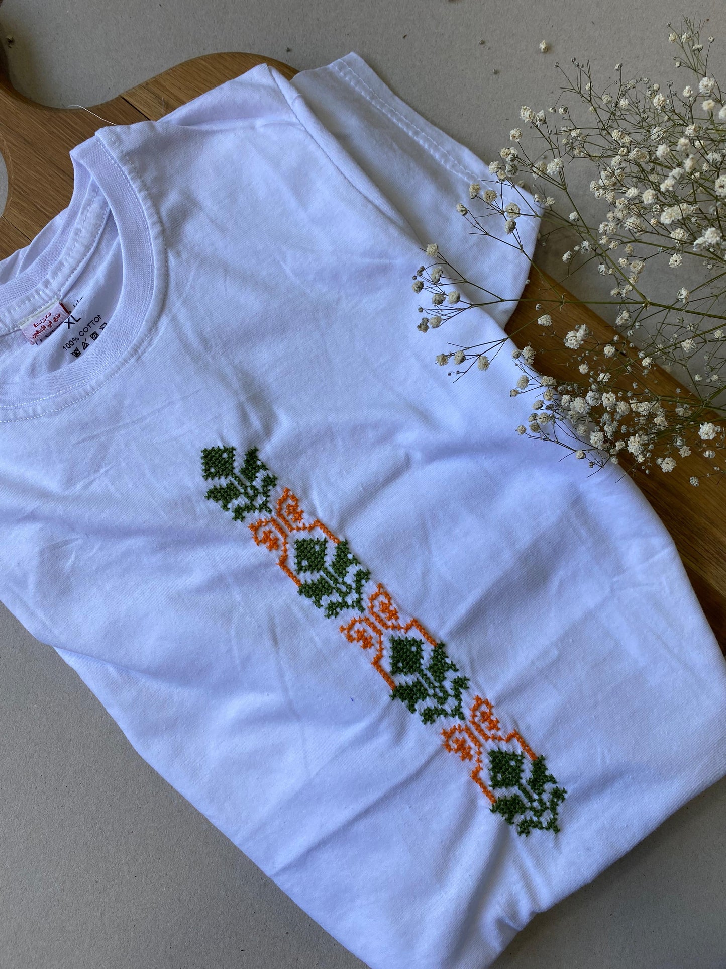 White T-Shirt with Orange-Green Tatreez