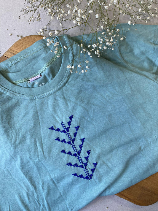 Turquoise T-Shirt with Soft Blue Tatreez