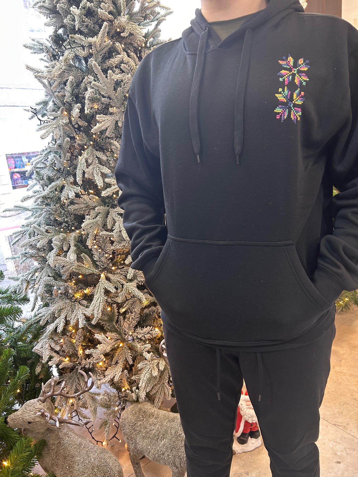 Unisex Black Hoddie Colorful Tatreez Hoodie with a Modern Touch