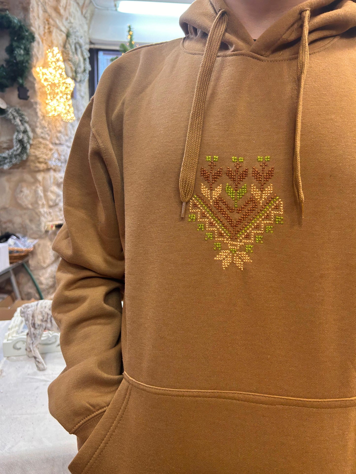 Unisex Camel Tatreez Hoodie with a Modern Touch