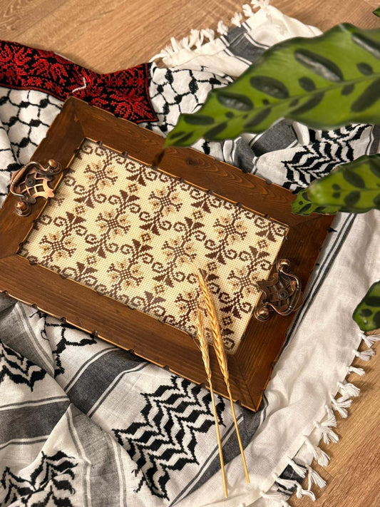 Palestinian embroidered wooden tray