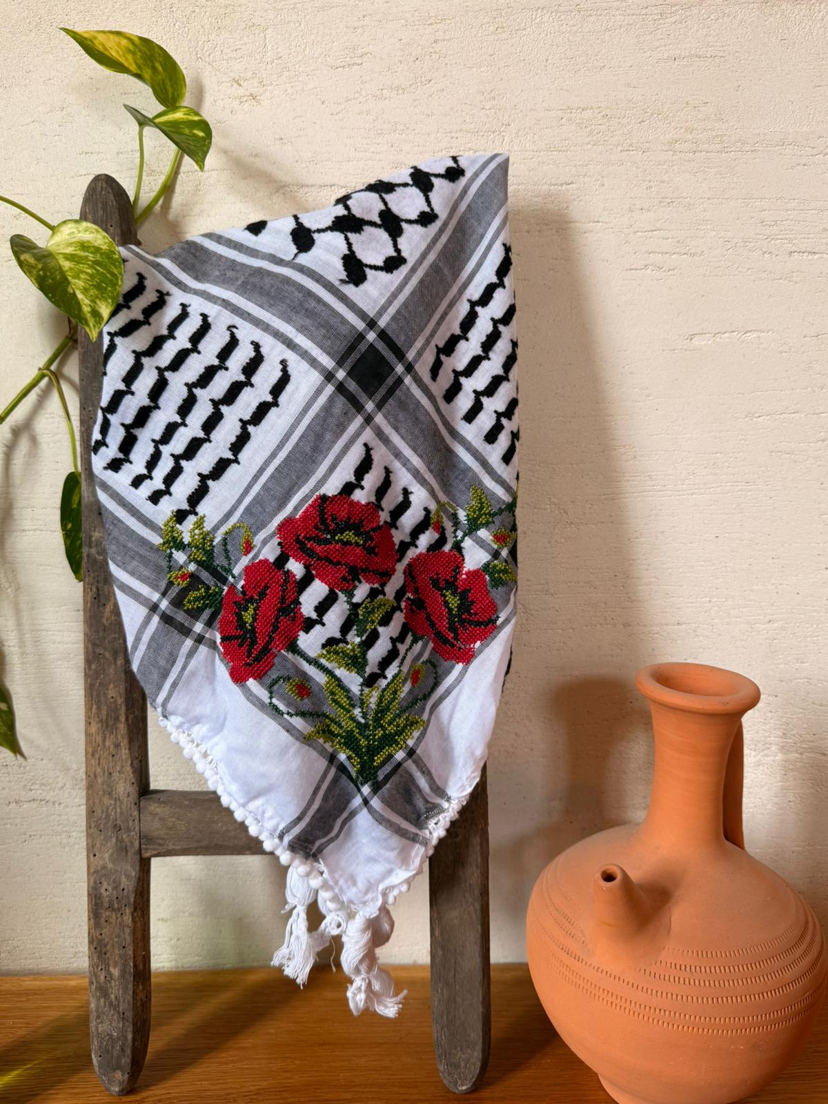 Black & White Kufiya Tatreez with Anemone Flower (شقائق النعمان)