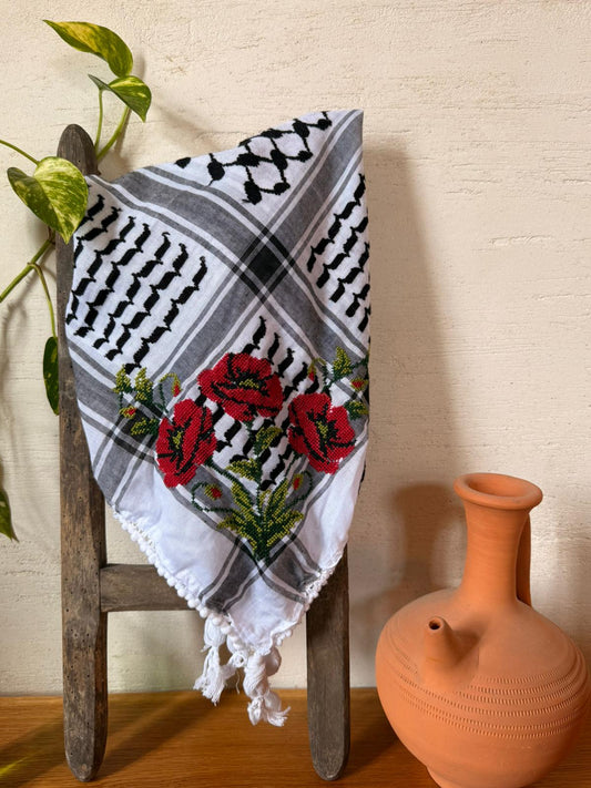 Black & White Kufiya Tatreez with Anemone Flower (شقائق النعمان)