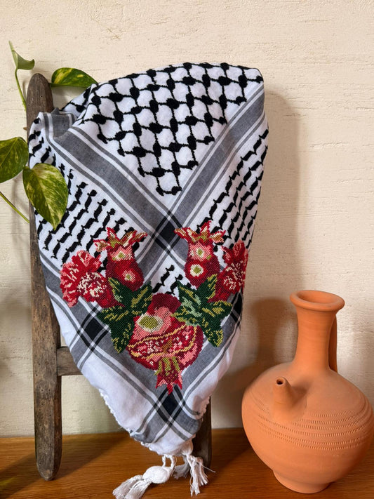 Black & White Kufiya Tatreez with Pomegranate motif