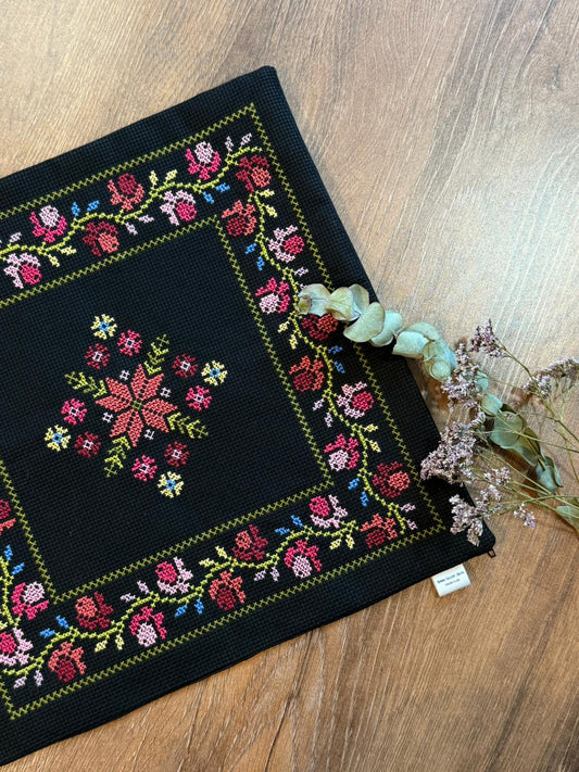 Flowers and Moon of Bethlehem Colorful Tatreez Pillow Case