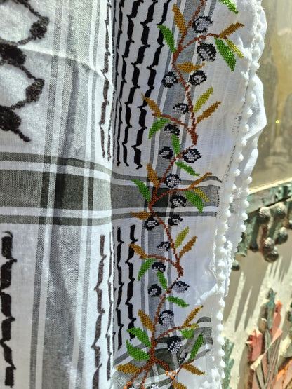 Black & White Kufiya Tatreez with olive leaf (عرق الزيتون)